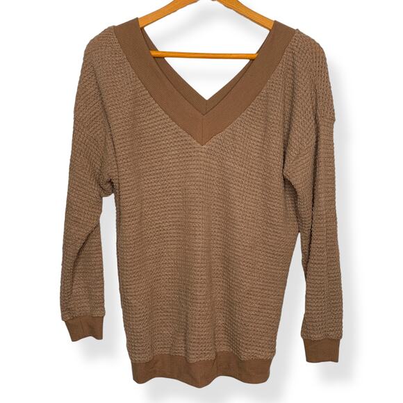 Adreamly women's brown v-neck waffle knit oversize long sleeve top Small - Picture 2 of 8